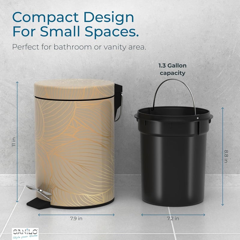 Sanilo Small Bathroom Trash Can with Lid [1.3 Gallon] - Lidded Tiny Trashcan for Garbage - Mini Metal Bin with Soft Closing Mechanism - Bath Room Accessoire Wastebin with Inner Bucket (Hosta) - Image 5